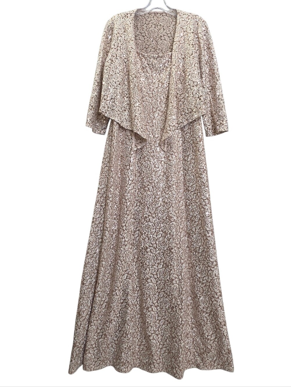 Alex Evenings 2 pc Champagne Gold Sequined Floral Rose Lace Knit Evening Gown